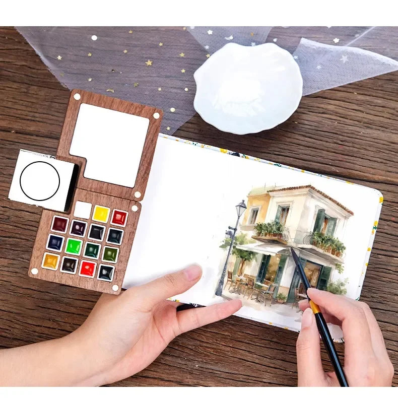 8/15Colors Schmincke Travel Wooden Handmade Watercolor Paint Tray Box Sketchbook Set Mini Walnut Palette Water Colour Brush Book