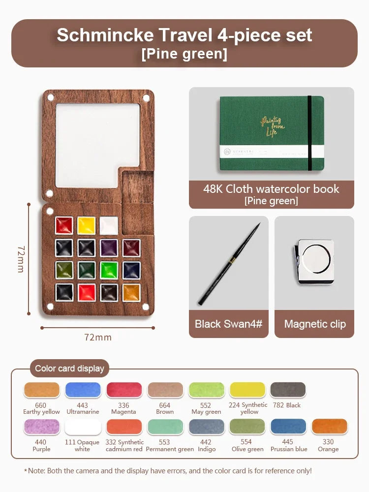 8/15Colors Schmincke Travel Wooden Handmade Watercolor Paint Tray Box Sketchbook Set Mini Walnut Palette Water Colour Brush Book