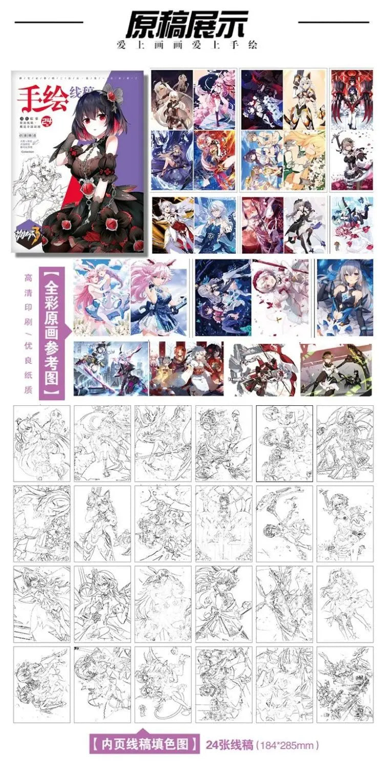 24 sheets anime hand drawn outline sketches anime colouring books for kids for adults painting book gui mie zhi ren/Chainsaw man