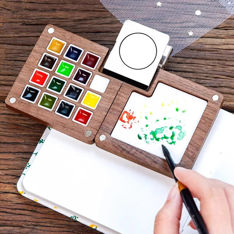 8/15Colors Schmincke Travel Wooden Handmade Watercolor Paint Tray Box Sketchbook Set Mini Walnut Palette Water Colour Brush Book