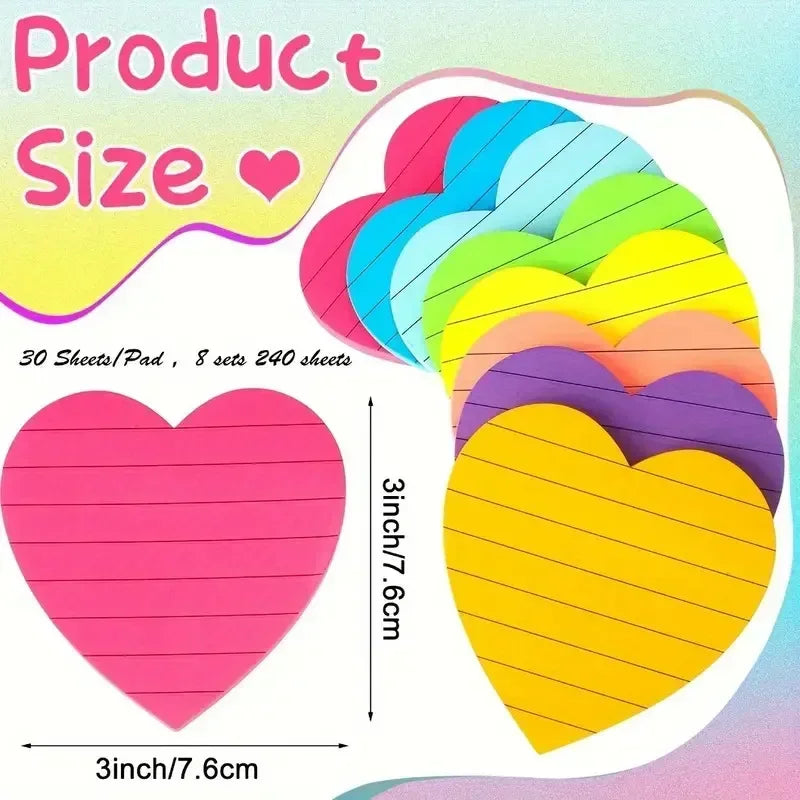 8 Colours 240pcs Heart Shaped Sticky Note Love Horizontal Line Fluorescent Colour Sticker Note Book Creative Student Supplies