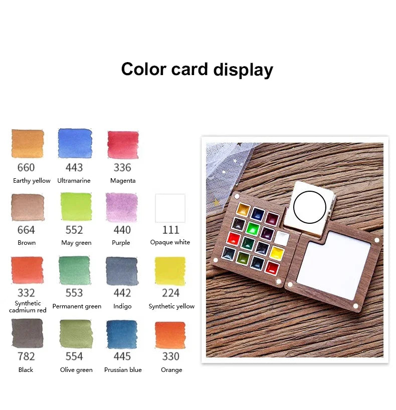 8/15Colors Schmincke Travel Wooden Handmade Watercolor Paint Tray Box Sketchbook Set Mini Walnut Palette Water Colour Brush Book