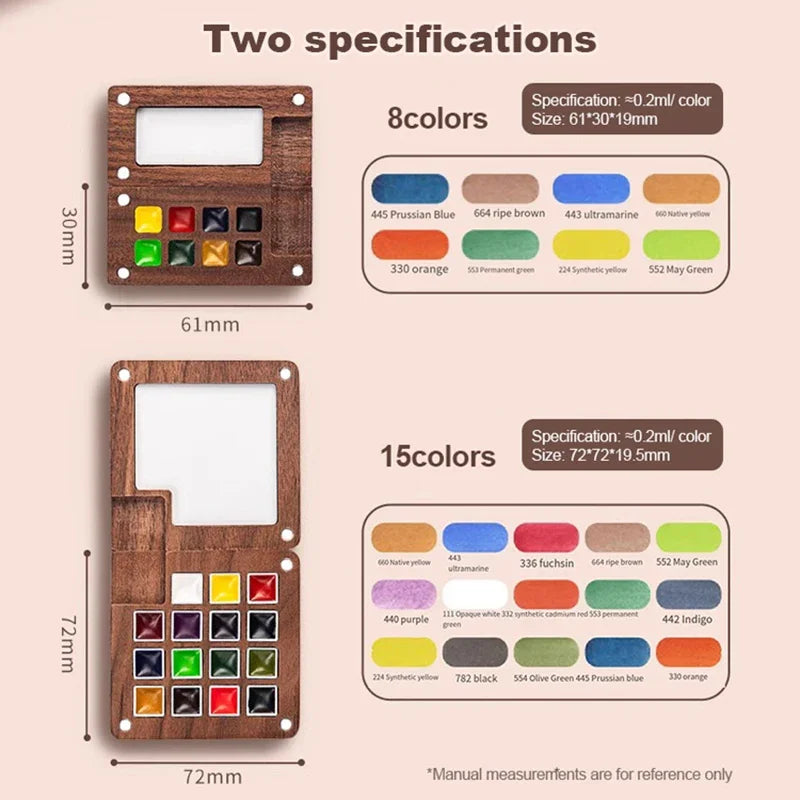 8/15Colors Schmincke Travel Wooden Handmade Watercolor Paint Tray Box Sketchbook Set Mini Walnut Palette Water Colour Brush Book